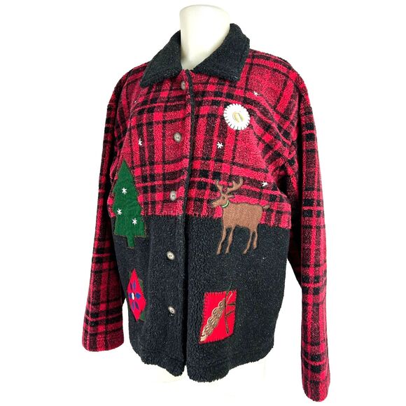 Talbots Plaid Fleece Reindeer Christmas Tree Applique Fleece Jacket - Women's XL - Picture 1 of 14